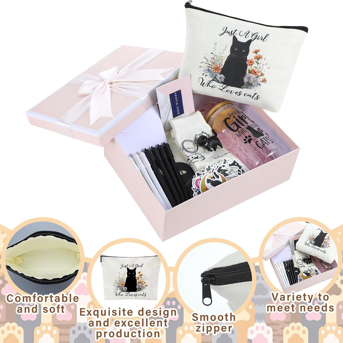 62 Pcs Cat Gifts for Women, Tote Bag Pouch Mug Socks Pens Card | 18Oz Glass Mug with Feline Design, 50 Stickers, Greeting Card, Gift Box Included, Ideal for Cat Lovers Birthday Presents