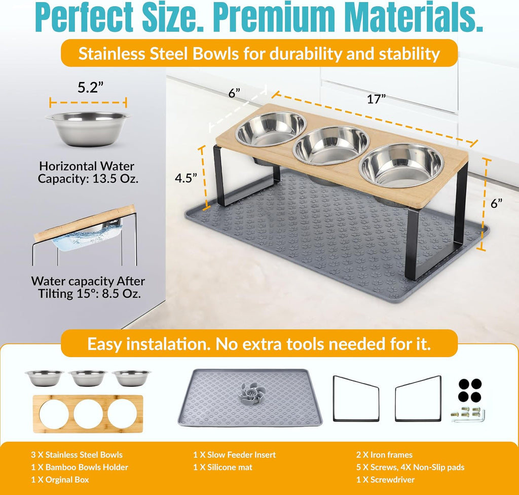 Raised Cat Food Bowls-3 Bowl Elevated Cat Feeding Station with Mat | Elevated Cat Food Bowls anti Vomiting-15° Tilted Cat Food Bowls & Elevated Slow Feeder Cat Bowls for Healthier Meals