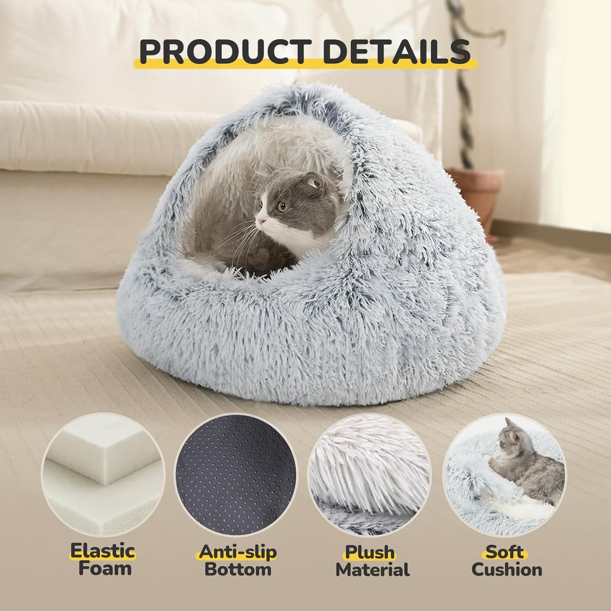Cat Bed Hooded Cat Beds for Indoor Cats or Small Dogs | Warm Soft Plush Comfortable Removable Washable with Non-Slip Bottom