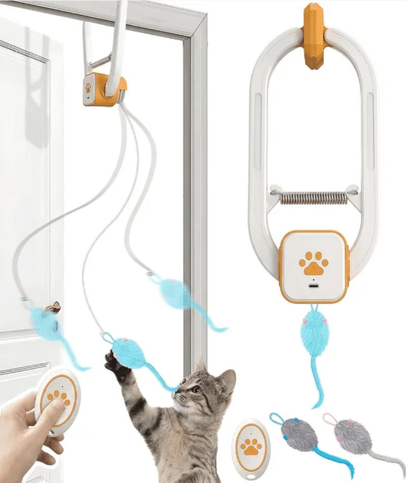 Remote Control Door Hanging Auto-Rebound Cat Toy,Customizable Length Adjustable Cat Teaser Toy, Interactive Pet Play Toy with 3 Plush Mice