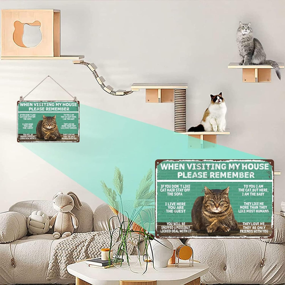 Remember Vintage Wall Decor When Visiting My Home - Cat Gifts for Cat Lovers - Original Design Pewter Metal Wall Art Print Poster - Extra Thick Tinplate Wall Decor Sign 8X12 Inches