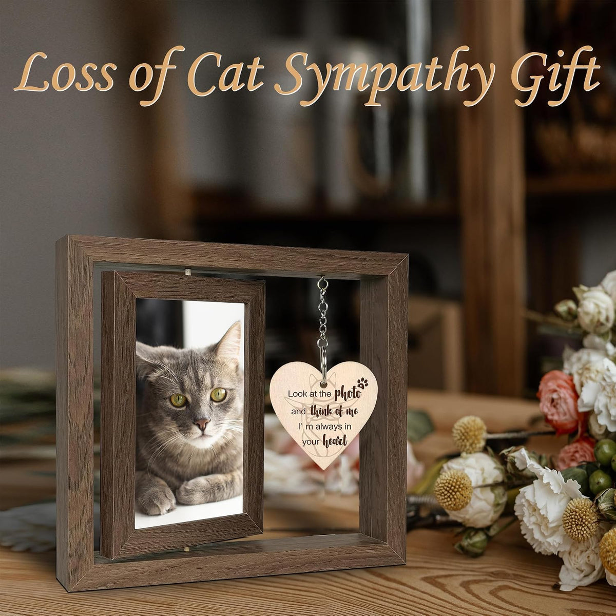Rotating Cat Memorial Gifts Picture Frame Holds Two 4X6 Photos | 360° Rotating Pet Memorial Gifts for Cats, Loss of Cat Sympathy Gift, Cat Remembrance Gifts, Wooden Keepsake for Cat Lovers