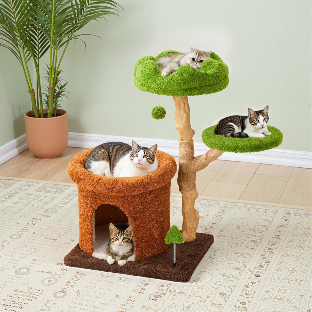 32" Multi-Level Cat Tree Tower, Natural Wood Cat Furniture with Sisal Scratching Posts, Beds & Condo, Cute Cat Tree for Indoor Cats and Multi-Cat Households