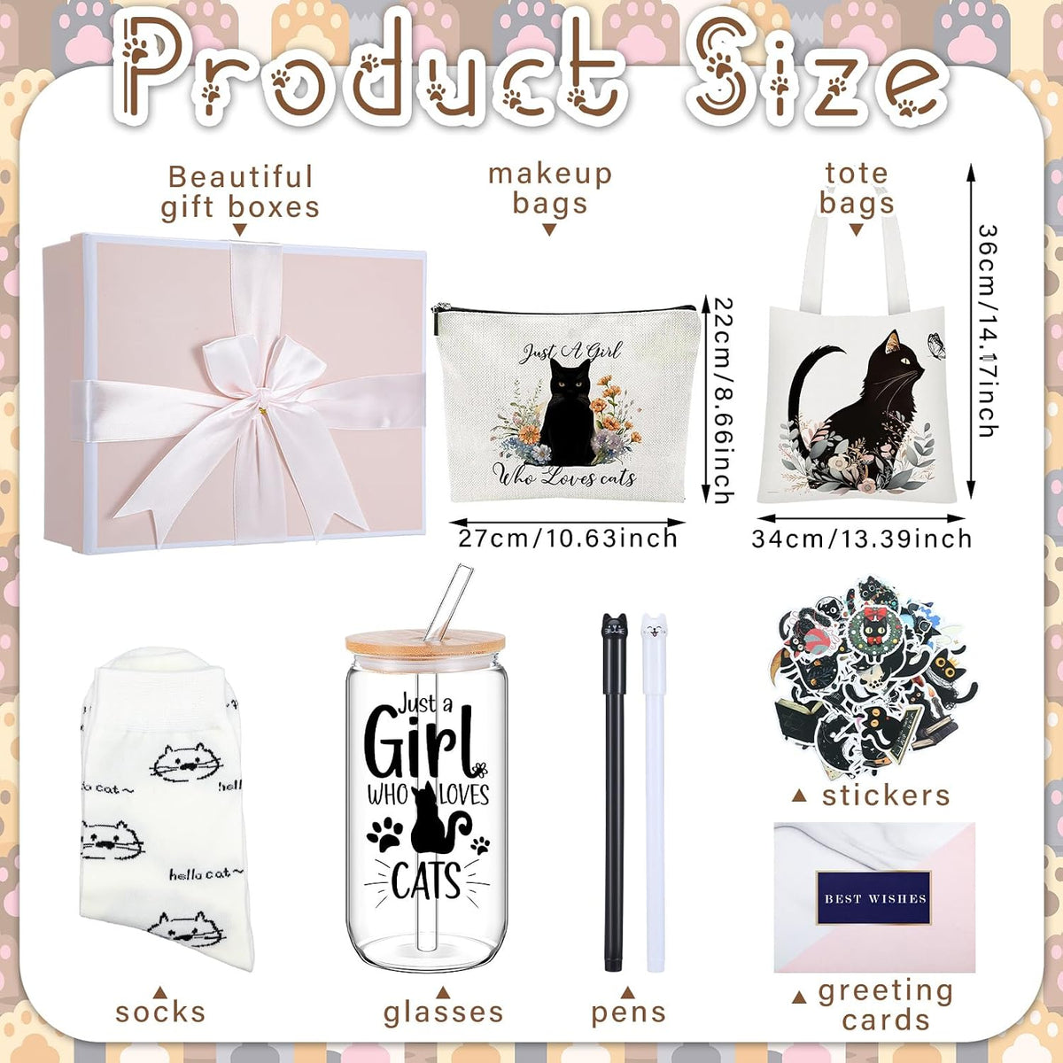 62 Pcs Cat Gifts for Women, Tote Bag Pouch Mug Socks Pens Card | 18Oz Glass Mug with Feline Design, 50 Stickers, Greeting Card, Gift Box Included, Ideal for Cat Lovers Birthday Presents