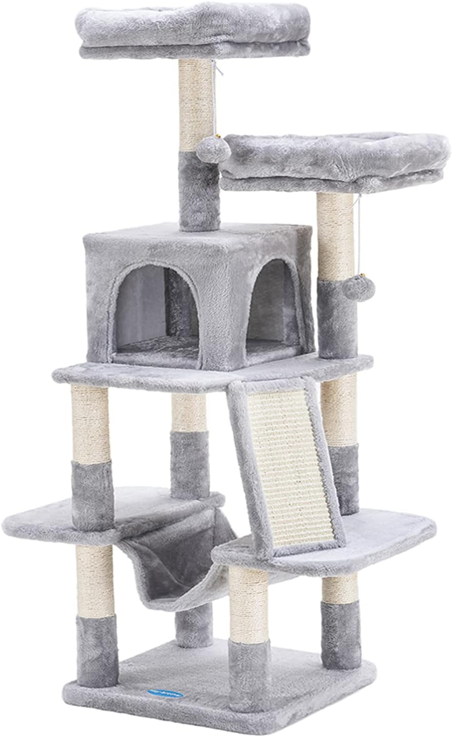Cat Tree for Indoor Cats, 53 Inch Cat Tower with Scratch Posts, Sturdy Cat House with Cat Condo, 2 Well-Padded Cat Perches, Cat Hammock and Fur Balls Cat Toy Light Gray MPJ017W
