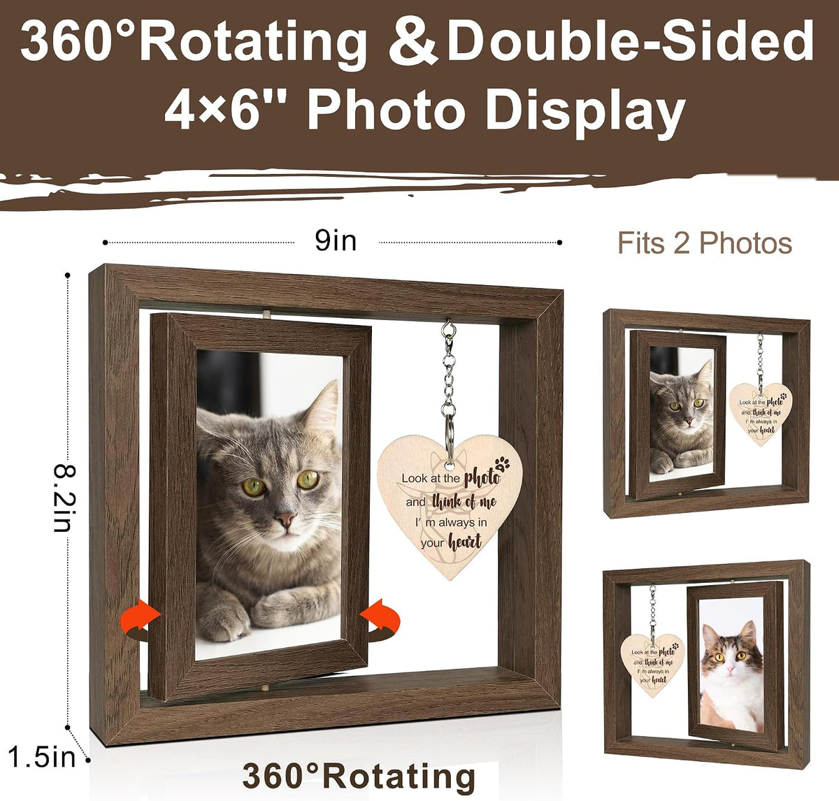 Rotating Cat Memorial Gifts Picture Frame Holds Two 4X6 Photos | 360° Rotating Pet Memorial Gifts for Cats, Loss of Cat Sympathy Gift, Cat Remembrance Gifts, Wooden Keepsake for Cat Lovers