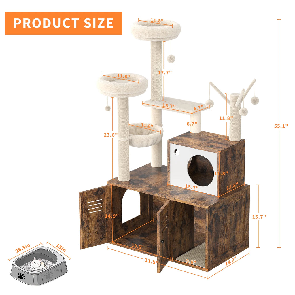 55'' Cat Tree with Litter Box Enclosure, Wooden Cat Washroom Furniture Wooden Cat Tower with Scratching Posts & Detachable Teaser Sticks, Cat Furniture Pet House, Fits Most Litter Boxes Cat Condo