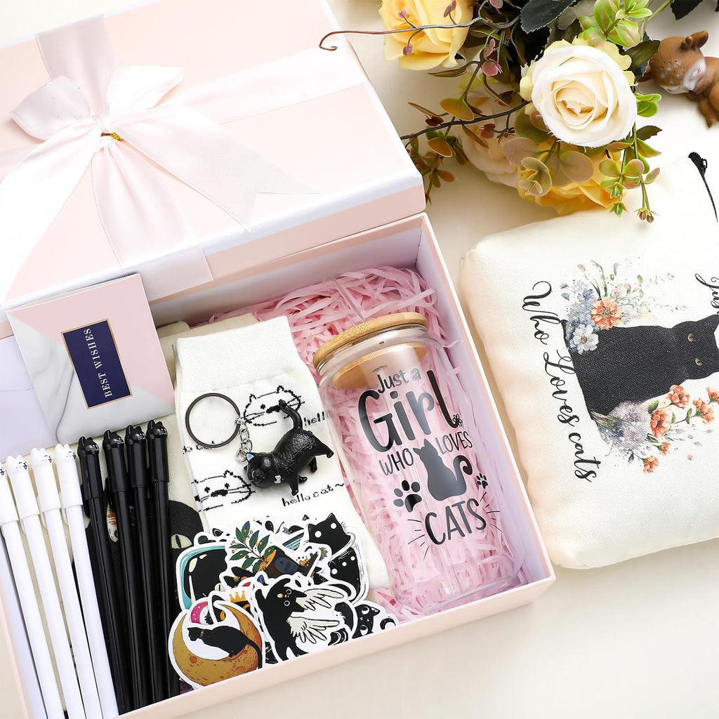 62 Pcs Cat Gifts for Women, Tote Bag Pouch Mug Socks Pens Card | 18Oz Glass Mug with Feline Design, 50 Stickers, Greeting Card, Gift Box Included, Ideal for Cat Lovers Birthday Presents