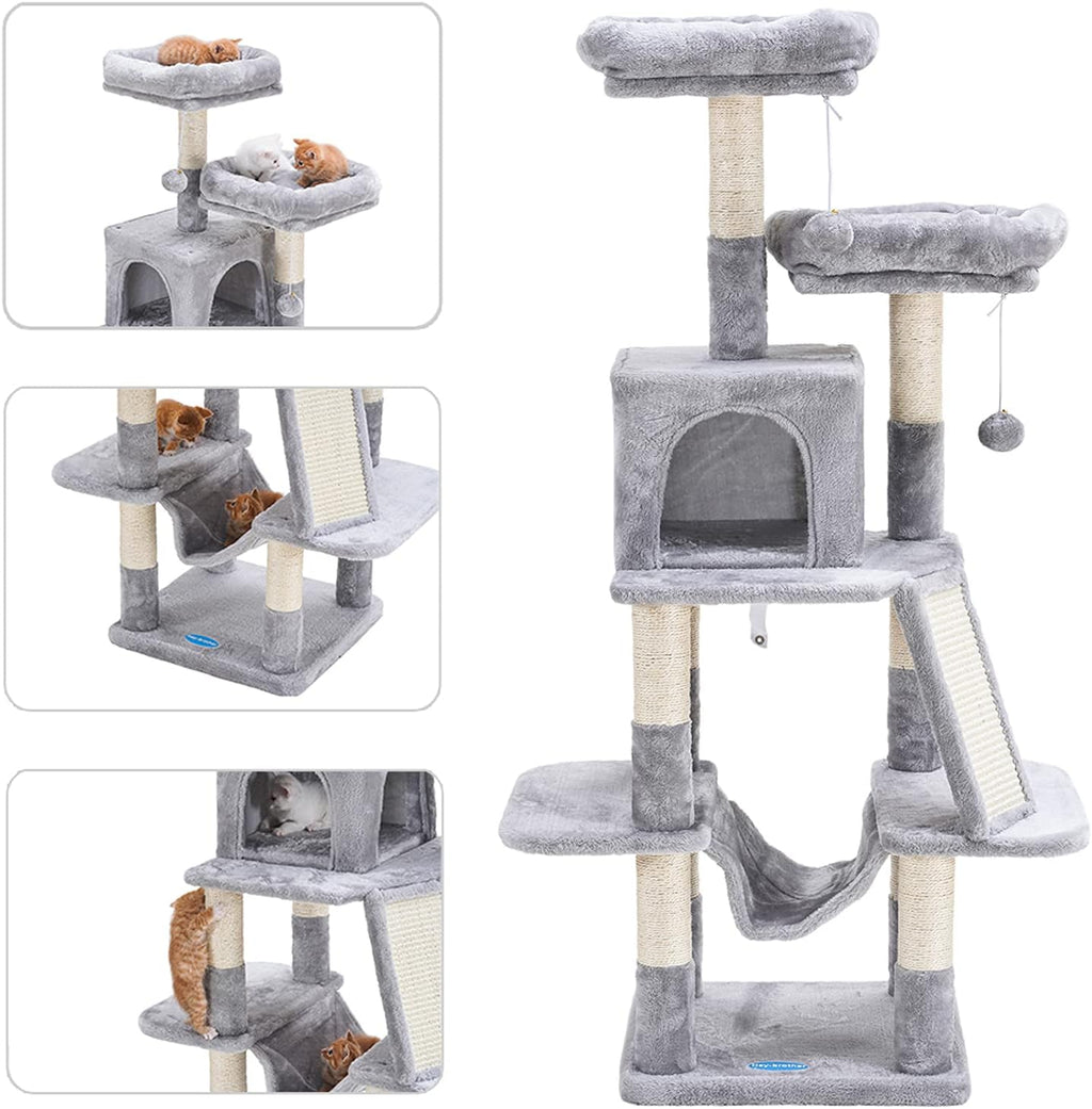 Cat Tree for Indoor Cats, 53 Inch Cat Tower with Scratch Posts, Sturdy Cat House with Cat Condo, 2 Well-Padded Cat Perches, Cat Hammock and Fur Balls Cat Toy Light Gray MPJ017W