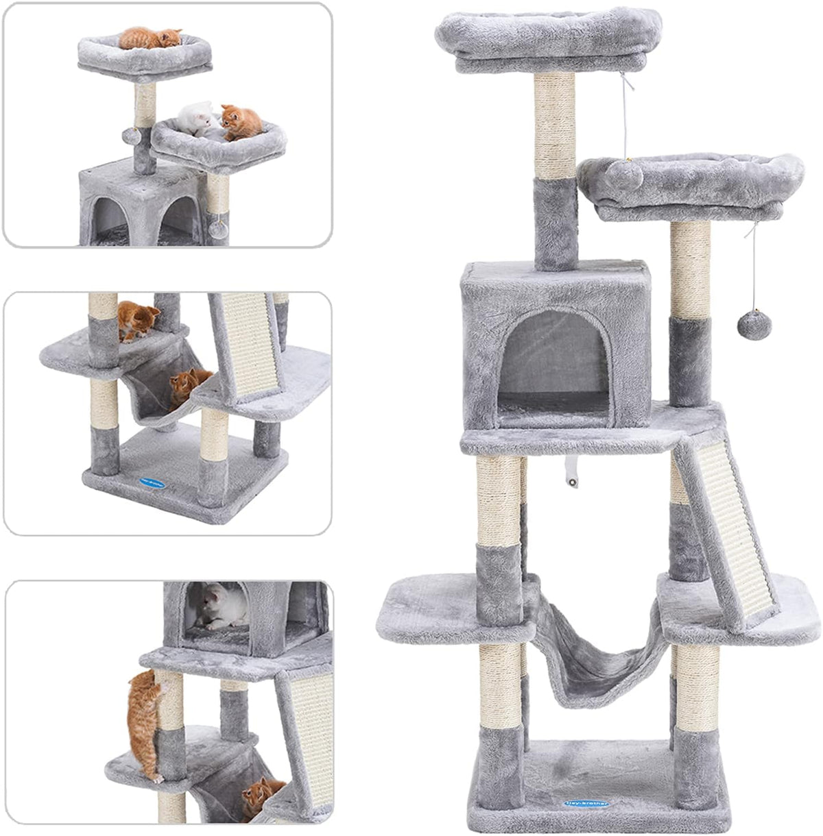 Cat Tree for Indoor Cats, 53 Inch Cat Tower with Scratch Posts, Sturdy Cat House with Cat Condo, 2 Well-Padded Cat Perches, Cat Hammock and Fur Balls Cat Toy Light Gray MPJ017W
