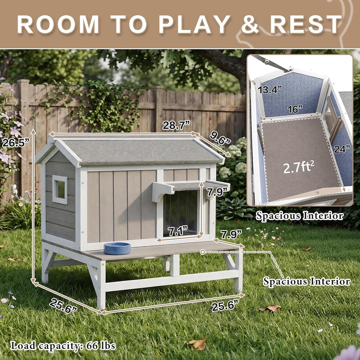 Outdoor Cat House – Weatherproof Wooden Shelter with Elevated Base, Balcony & Openable Roof, 2-Story Cozy Condo with Built-In Cat Scratch Mat for Small, Feral, or Community Cats