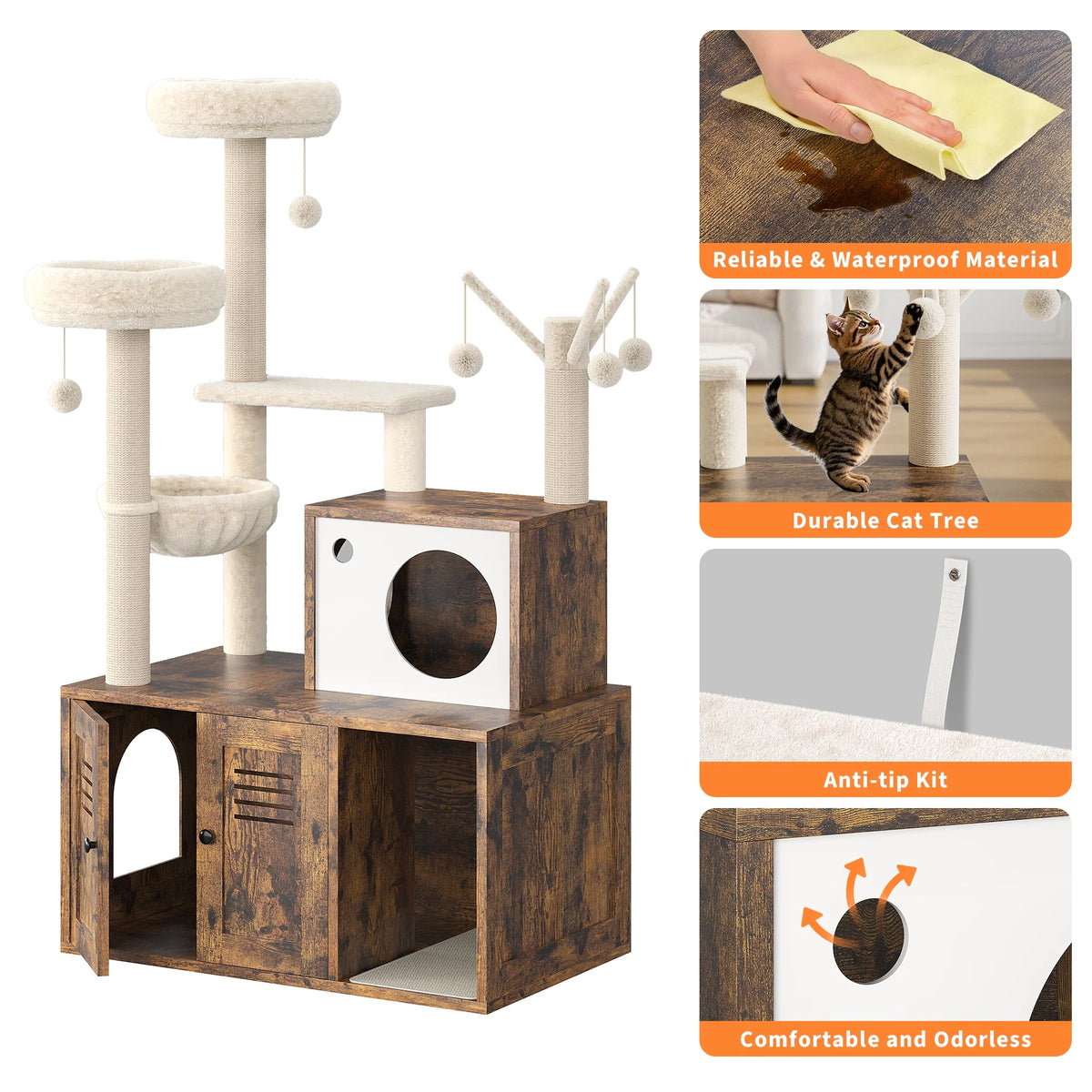 55'' Cat Tree with Litter Box Enclosure, Wooden Cat Washroom Furniture Wooden Cat Tower with Scratching Posts & Detachable Teaser Sticks, Cat Furniture Pet House, Fits Most Litter Boxes Cat Condo