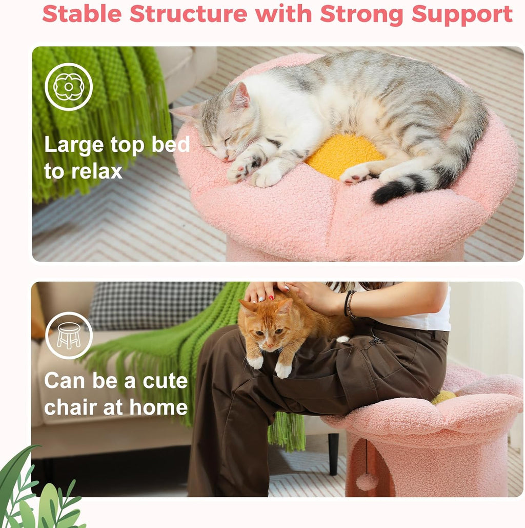Cat Scratching Post, Mushroom Tall Cat Scratcher Featuring with Natural Sisal Scratching Poles+ Cat Beds for Indoor Cats, Large Cat House with Removable Flower Cat Bed