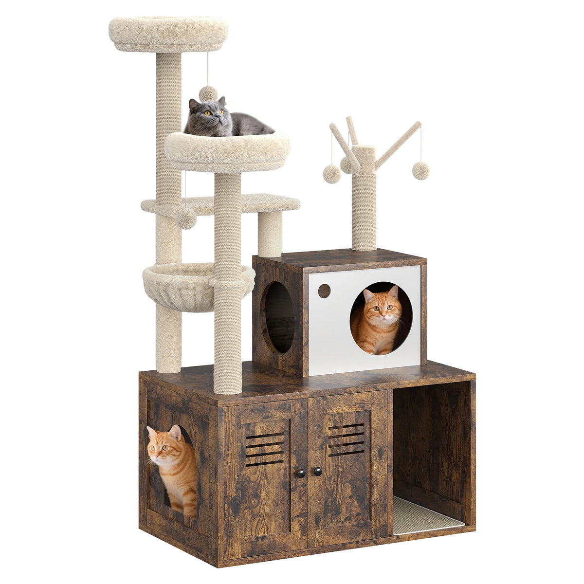 55'' Cat Tree with Litter Box Enclosure, Wooden Cat Washroom Furniture Wooden Cat Tower with Scratching Posts & Detachable Teaser Sticks, Cat Furniture Pet House, Fits Most Litter Boxes Cat Condo