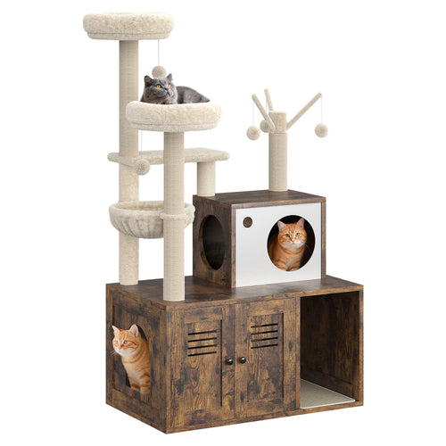 55'' Cat Tree with Litter Box Enclosure, Wooden Cat Washroom Furniture Wooden Cat Tower with Scratching Posts & Detachable Teaser Sticks, Cat Furniture Pet House, Fits Most Litter Boxes Cat Condo