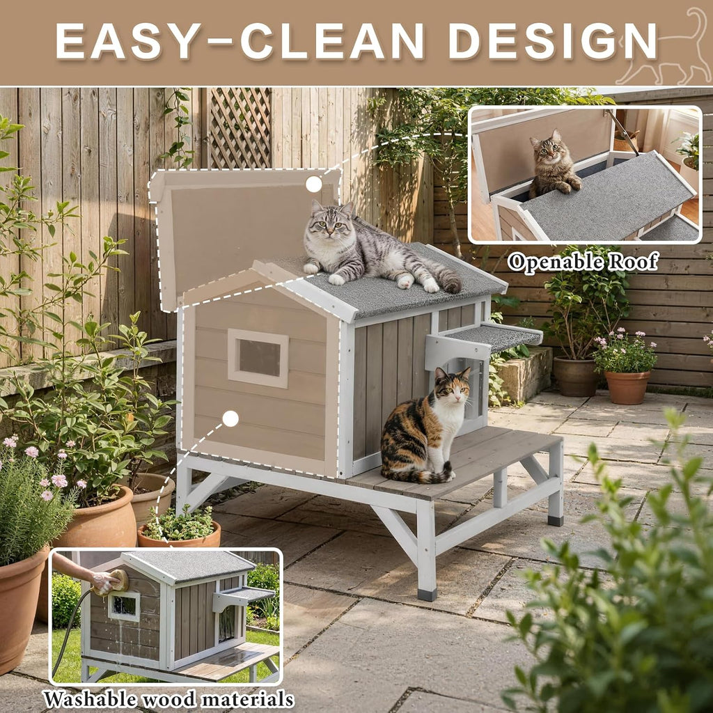 Outdoor Cat House – Weatherproof Wooden Shelter with Elevated Base, Balcony & Openable Roof, 2-Story Cozy Condo with Built-In Cat Scratch Mat for Small, Feral, or Community Cats