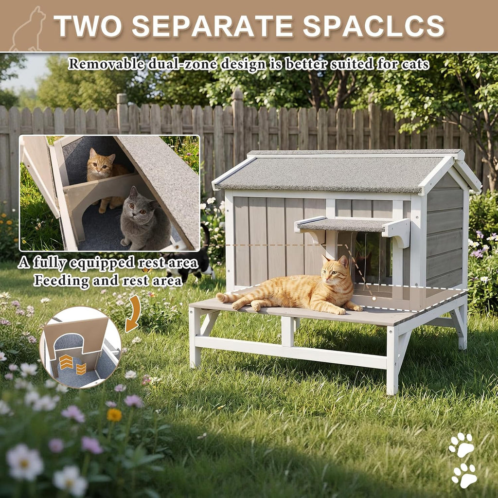 Outdoor Cat House – Weatherproof Wooden Shelter with Elevated Base, Balcony & Openable Roof, 2-Story Cozy Condo with Built-In Cat Scratch Mat for Small, Feral, or Community Cats