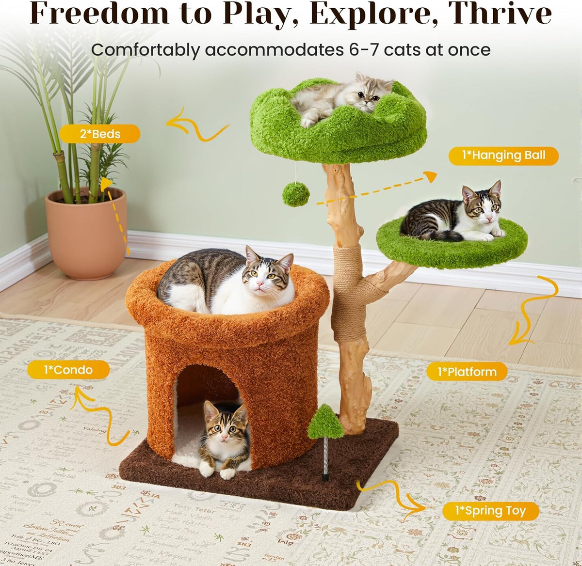 32" Multi-Level Cat Tree Tower, Natural Wood Cat Furniture with Sisal Scratching Posts, Beds & Condo, Cute Cat Tree for Indoor Cats and Multi-Cat Households