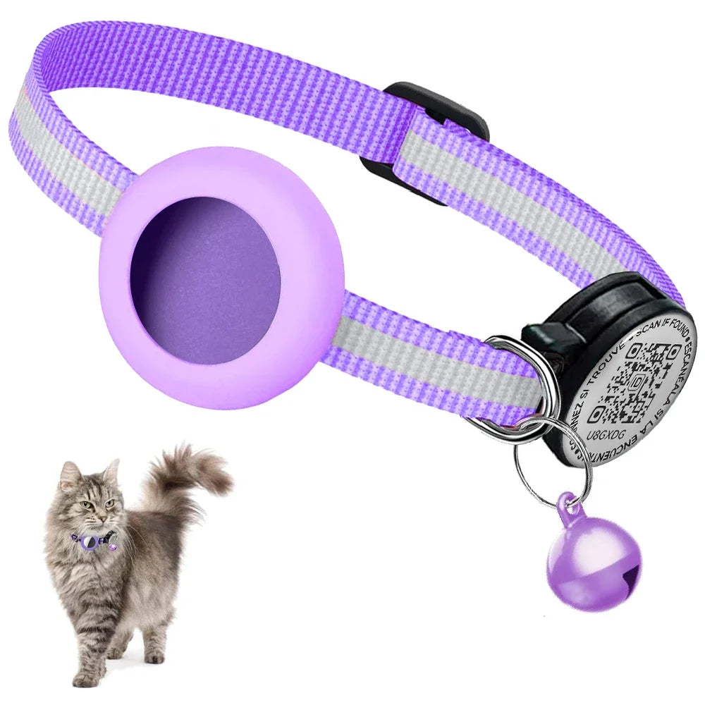 GPS Tracker Cat Collar with QR Name Tag & Airtag Holder, 2 in 1 Protection Reflective Kitten Collar for Cats Airtag Case(No GPS)