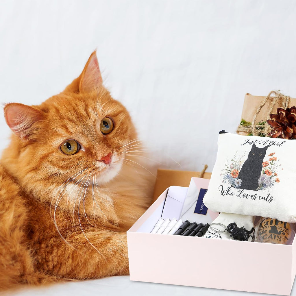 62 Pcs Cat Gifts for Women, Tote Bag Pouch Mug Socks Pens Card | 18Oz Glass Mug with Feline Design, 50 Stickers, Greeting Card, Gift Box Included, Ideal for Cat Lovers Birthday Presents