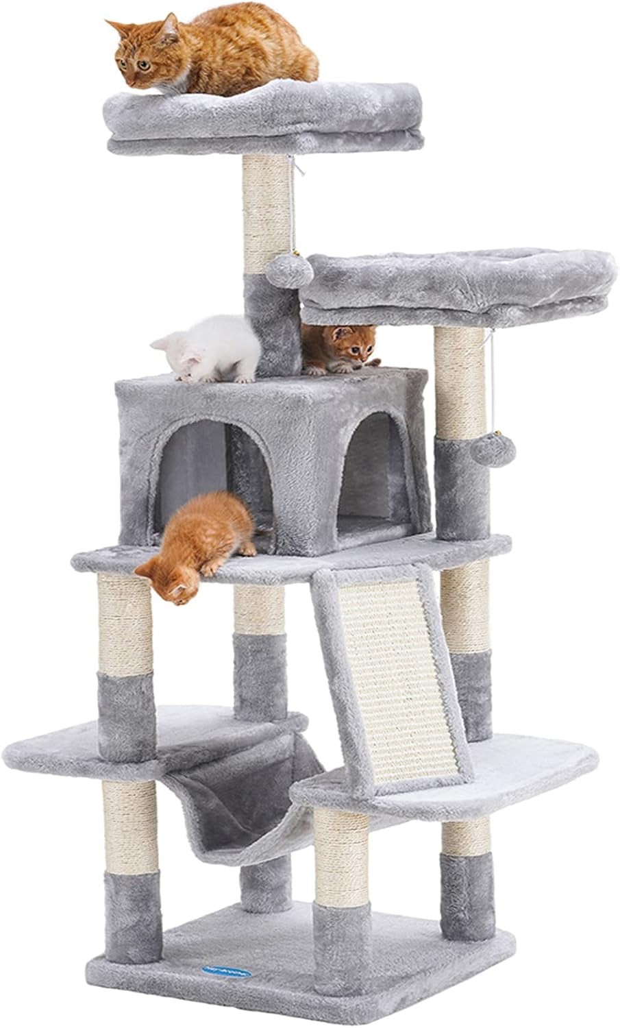 Cat Tree for Indoor Cats, 53 Inch Cat Tower with Scratch Posts, Sturdy Cat House with Cat Condo, 2 Well-Padded Cat Perches, Cat Hammock and Fur Balls Cat Toy Light Gray MPJ017W