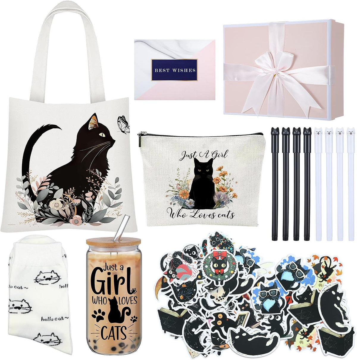 62 Pcs Cat Gifts for Women, Tote Bag Pouch Mug Socks Pens Card | 18Oz Glass Mug with Feline Design, 50 Stickers, Greeting Card, Gift Box Included, Ideal for Cat Lovers Birthday Presents