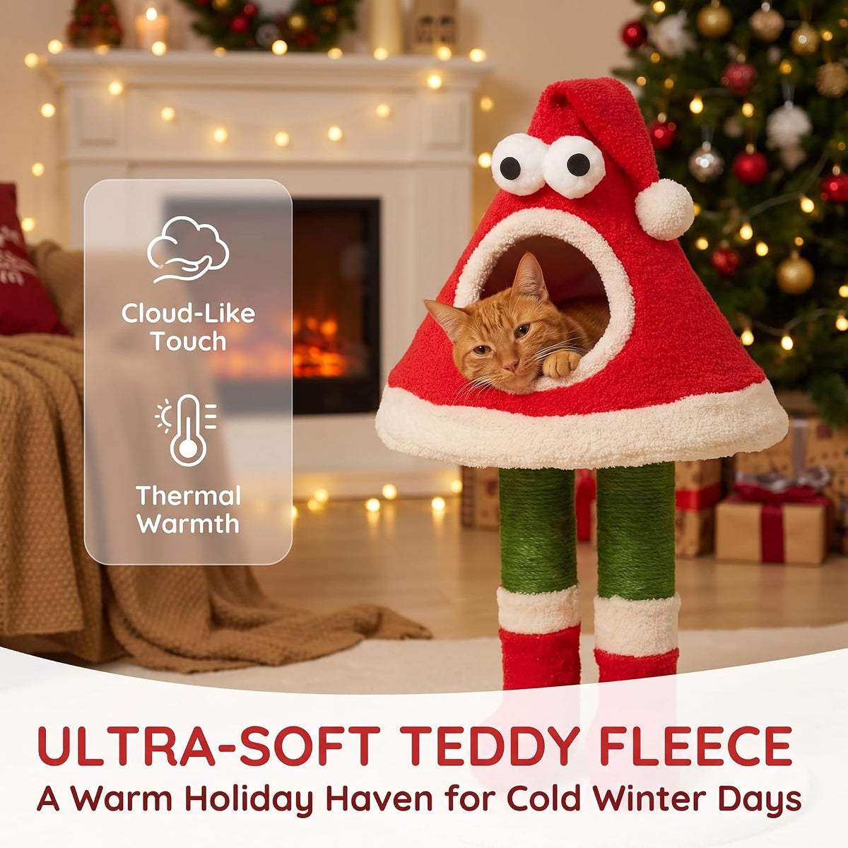 32" Cat Tree Tower –Santa Hat Design with Scratching Posts & Cozy Bed, Suitable for Small to Large Cats, Red