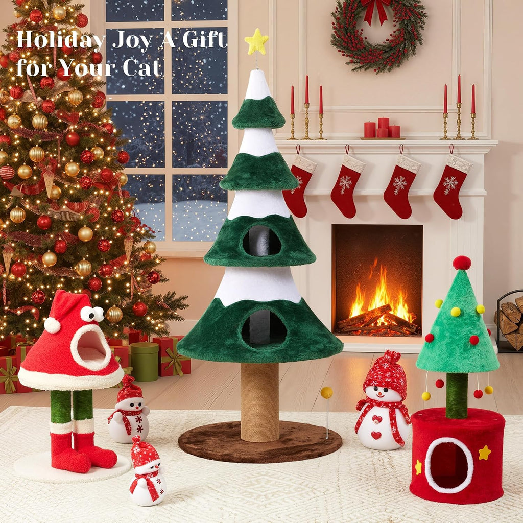 32" Cat Tree Tower –Santa Hat Design with Scratching Posts & Cozy Bed, Suitable for Small to Large Cats, Red