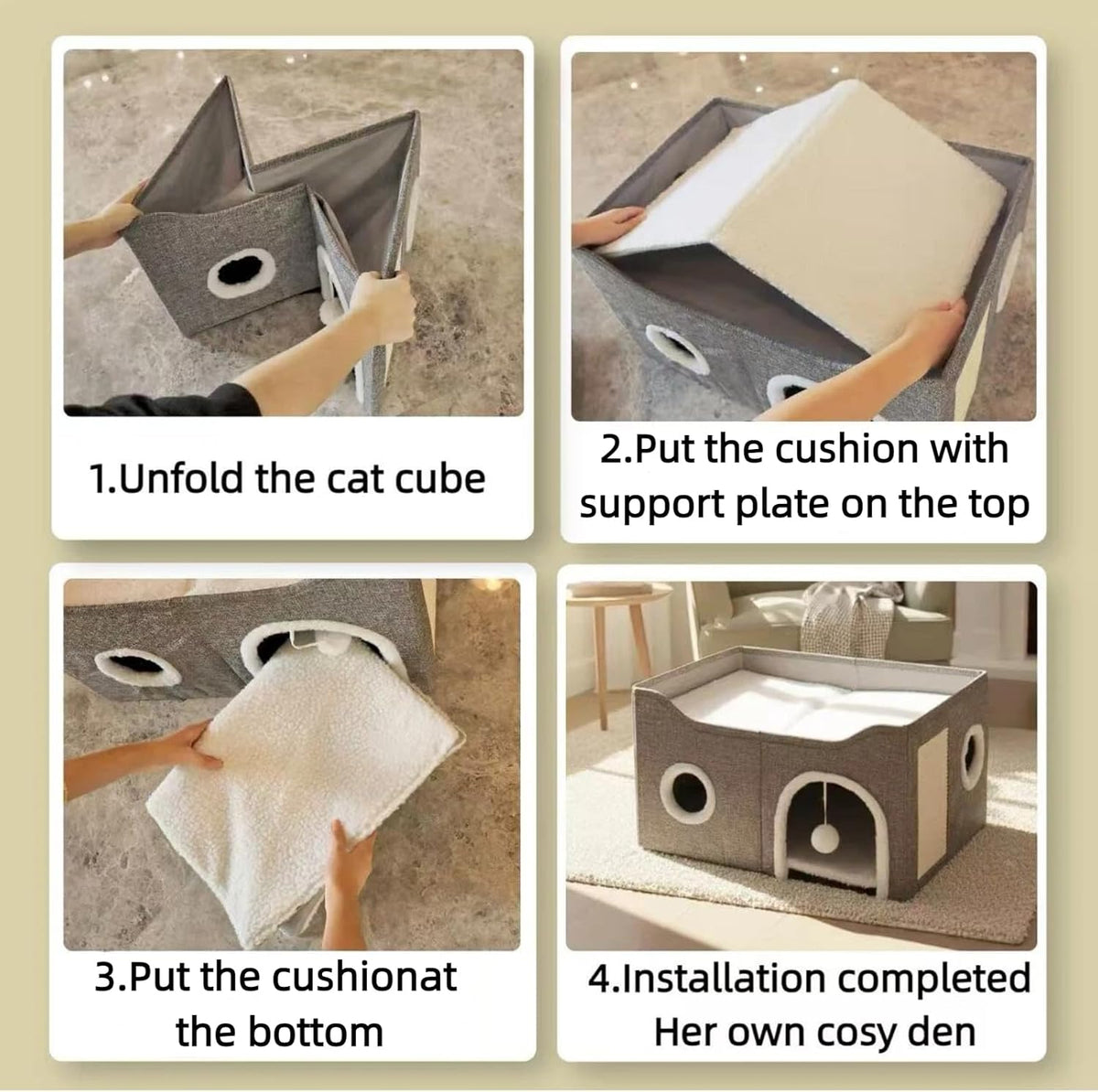 Eolahalcy Cat Beds for Indoor Cats - Large Cat Cave for Pet Cat House with Fluffy Ball Hanging and Scratch Pad, Foldable Cat Houses for Large Indoor Cats,Cat Hideaway, 23.8X15.9X13.2 Inches, Grey