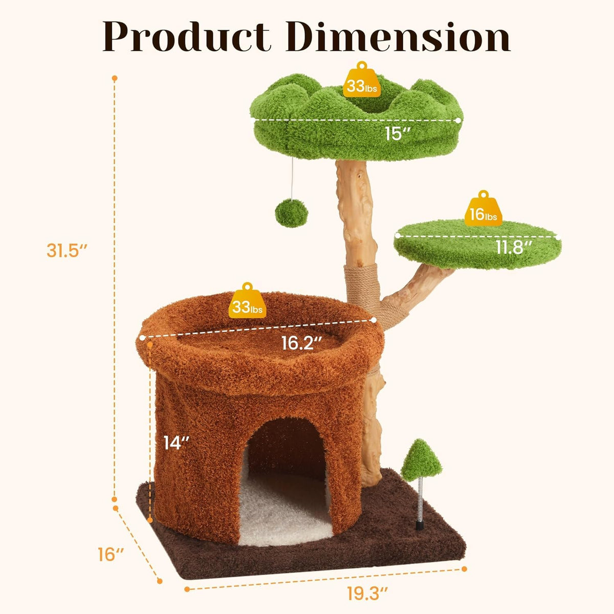 32" Multi-Level Cat Tree Tower, Natural Wood Cat Furniture with Sisal Scratching Posts, Beds & Condo, Cute Cat Tree for Indoor Cats and Multi-Cat Households