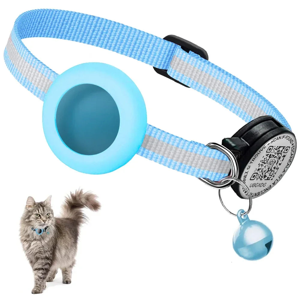 GPS Tracker Cat Collar with QR Name Tag & Airtag Holder, 2 in 1 Protection Reflective Kitten Collar for Cats Airtag Case(No GPS)