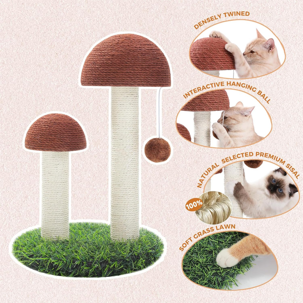 Cat Scratching Post, Mushroom Tall Cat Scratcher Featuring with Natural Sisal Scratching Poles+ Cat Beds for Indoor Cats, Large Cat House with Removable Flower Cat Bed